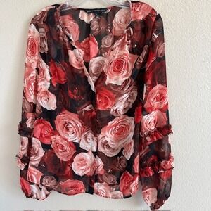 White House Black Market Women's Rose Sheer Ruffle Sleeve Blouse MD Red Black